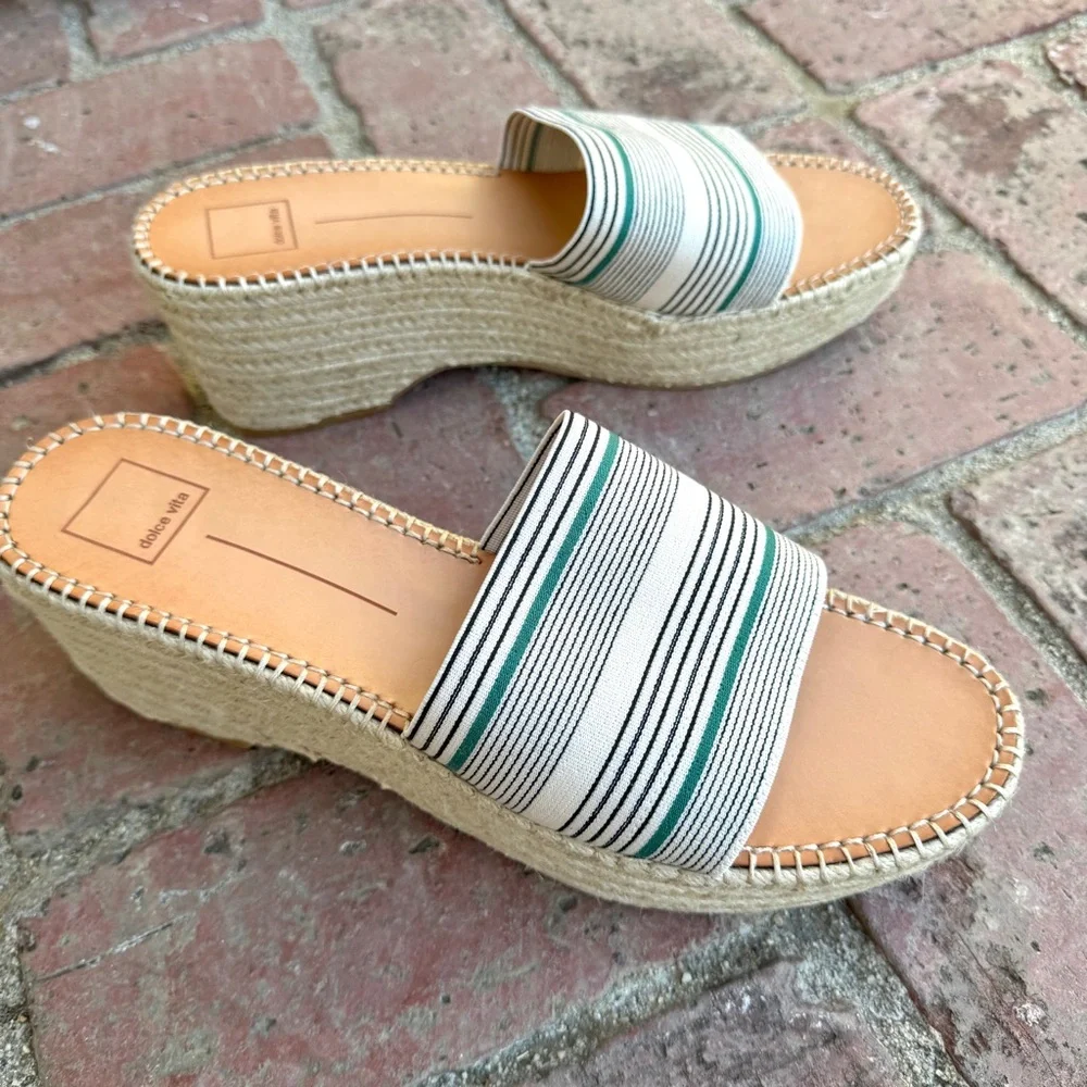 Dolce VITA platform espadrilles wedge heels chunky slides white striped 13 navy